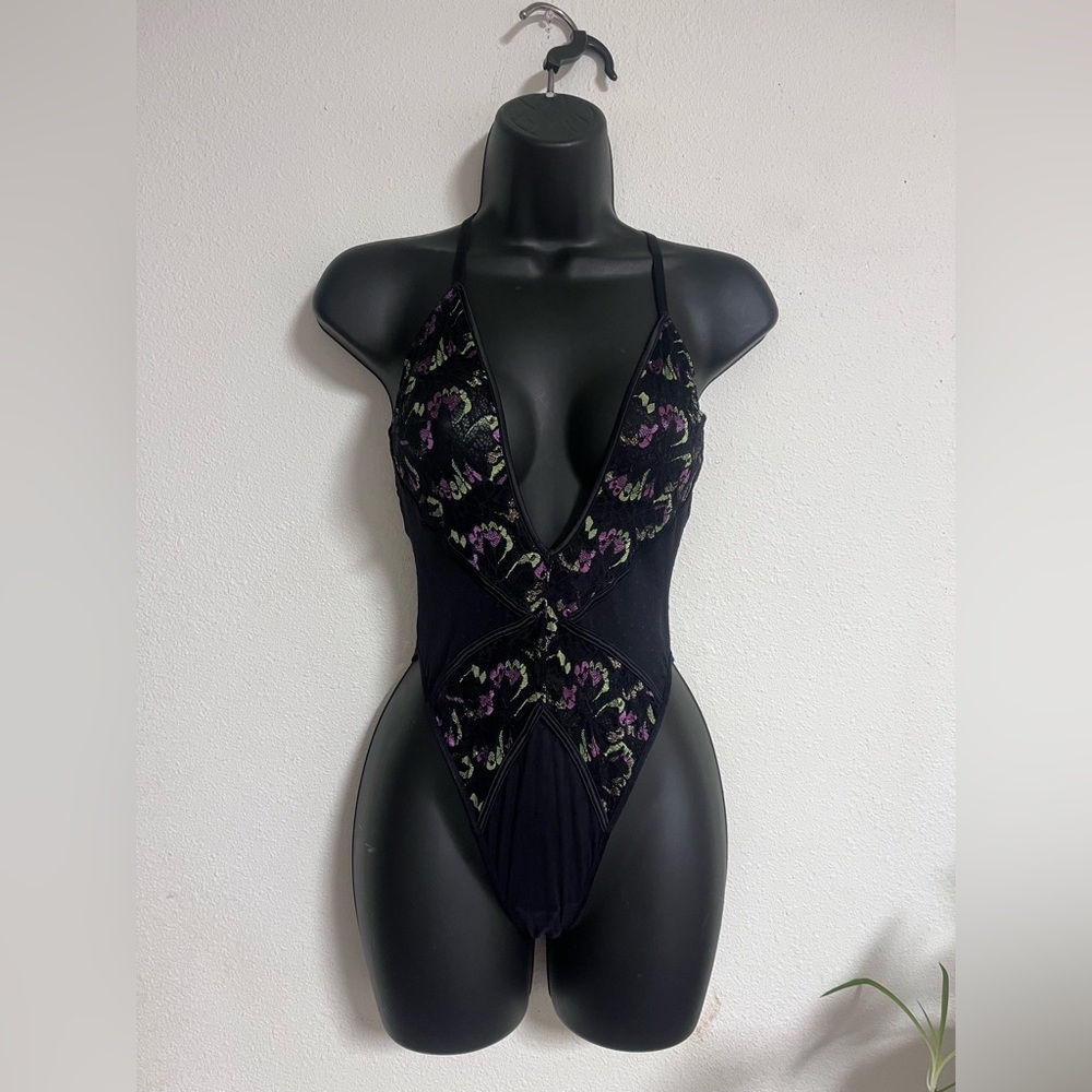 Savage X Fenty Black and Purple Floral Bodysuit